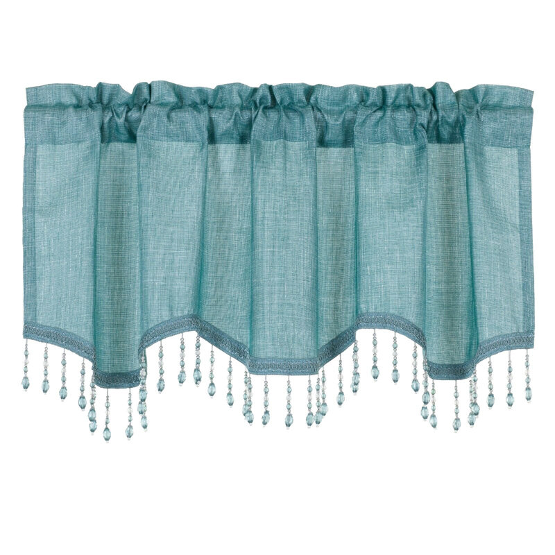 Kate Aurora 1 Piece Moroccan Sparkle Rod Pocket Semi Sheer Voile Beaded Trim Window Valance, Green
