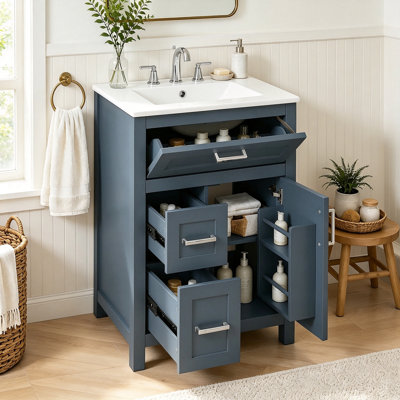 Meuble-lavabo de 24 po avec lavabo en céramique, structure en bois massif, armoire en panneau de fibres à densité moyenne et grand espace de rangement pour les petits espaces