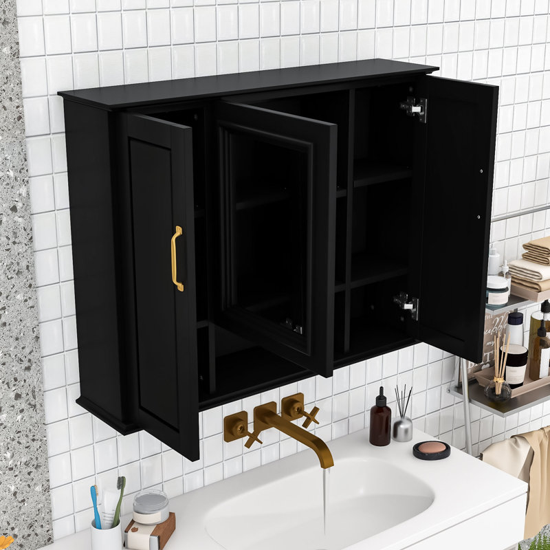 Armoire de salle de bain murale à miroir avec tablettes réglables, Noir