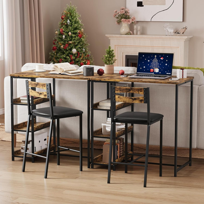 3-Piece Kitchen Table Set, 36" Dining Table with Storage Shelves & 2 Upholstered Chairs, Rustic Brown, Brown