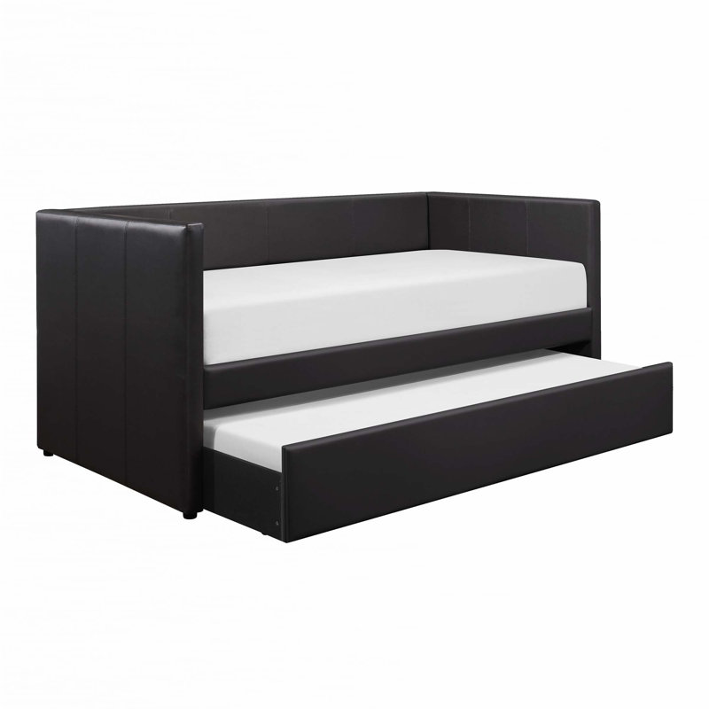 Faux Leather Upholstered Contemporary Daybed with Trundle, Black