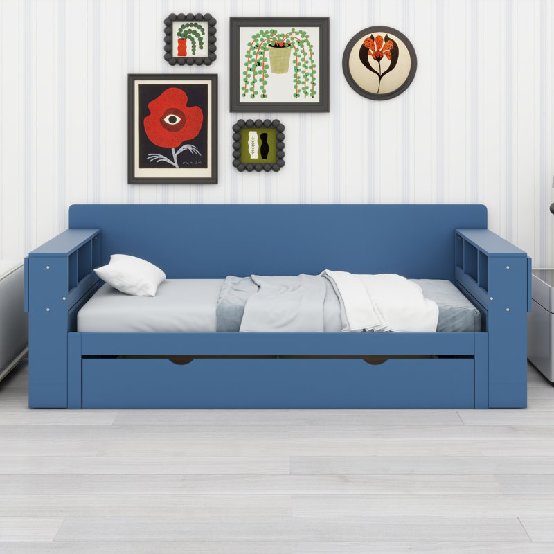 Lit de jour avec bureau amovible, tiroirs de rangement et table d'appoint hydraulique, Bleu, Grand lit