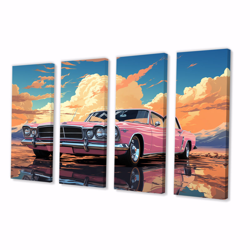 «Pink Cadillac Car At Sunset II - Car Muscle Car», ensemble d'art mural 4 pièces, H 32 po x l 64 po