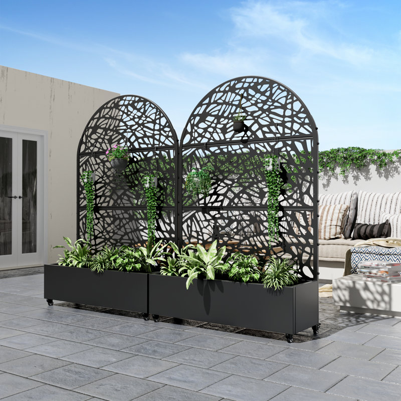 Arch Metal Planter Box with Trellis with Wheels, 72" H x 47" W x 16" D