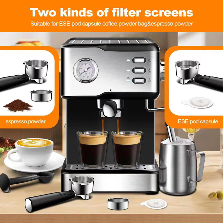 Geek Chef 20 Bar Espresso Cappuccino latte Coffee Machine with ESE POD  capsules filter and Milk Frother