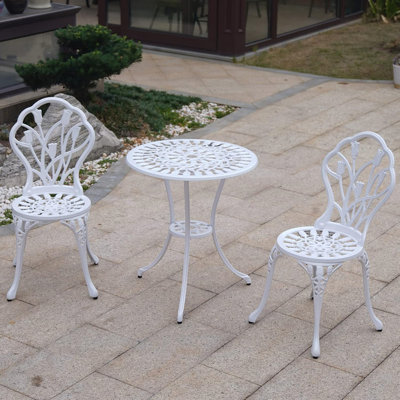 Ensemble bistro de patio 3 pièces: mobilier de jardin extérieur en aluminium coulé, table et chaises antirouille, tulipes blanches