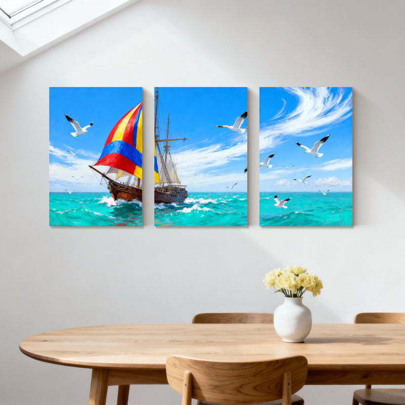 Ensemble de 3 impressions sur toile, voilier nautique avec voiles colorées sur vagues de l'océan, H 24 po x l 48 po