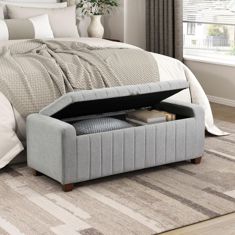 Piedmont 50" Modern & Contemporary Boucle Storage Bench with Integrated Interior Storage, Stylish Solid Wood Legs, Light Gray