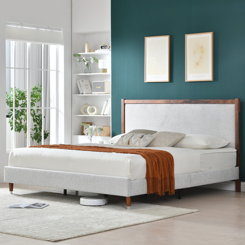 Lit plateforme en bois avec base rembourrée, Light Grey, King