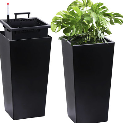 Set Of 2 Tall Self Watering Planters For Indoor And Outdoor Use, 22 Inch Large Black Flower Pots With Drainage Holes And Water Level Indicator For Front Porch And Garden | Gift Idea