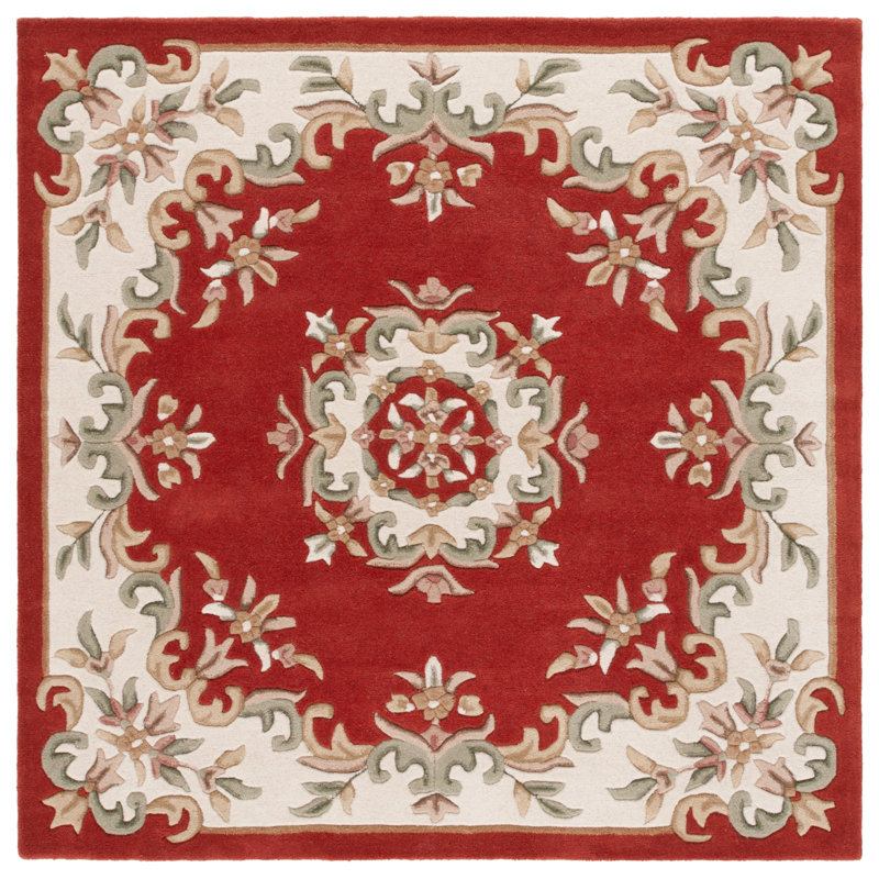 Stengel Aubusson Hand Tufted Wool/Cotton Floral Rug in Ivory/Rust, Square 6'
