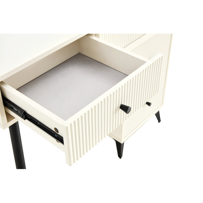 Fluted Makeup Vanity Desk With Round LED Mirror, Glass Top, 4 Drawers, Adjustable Shelves, Modern Dressing Table Set With Stool And Movable Side Table