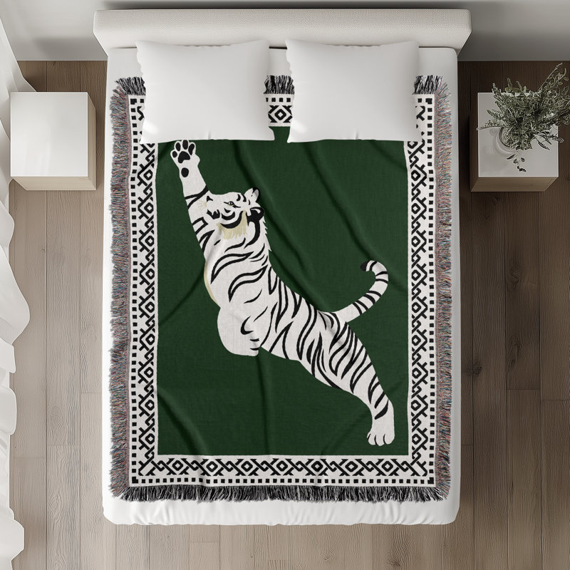 Jeté de lit Kat Tiger, L 80 po x l 60 po, Vert / blanc cassé