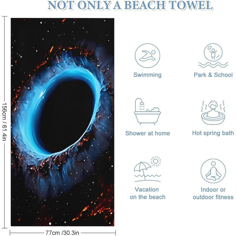 Serviette de plage à trou noir, serviette de plage surdimensionnée en microfibre, serviettes antidérapantes légères à séchage rapide 63 po x 32 po pour accessoires de natation, piscine, gymnase, yoga et camping