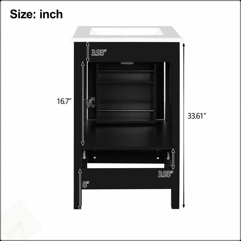 Meuble-lavabo moderne de 20 pouces avec lavabo en céramique, tiroir et porte à fermeture en douceur, organisateur de porte double couche, tiroir de séparation, patins réglables - conception de rangement peu encombrante