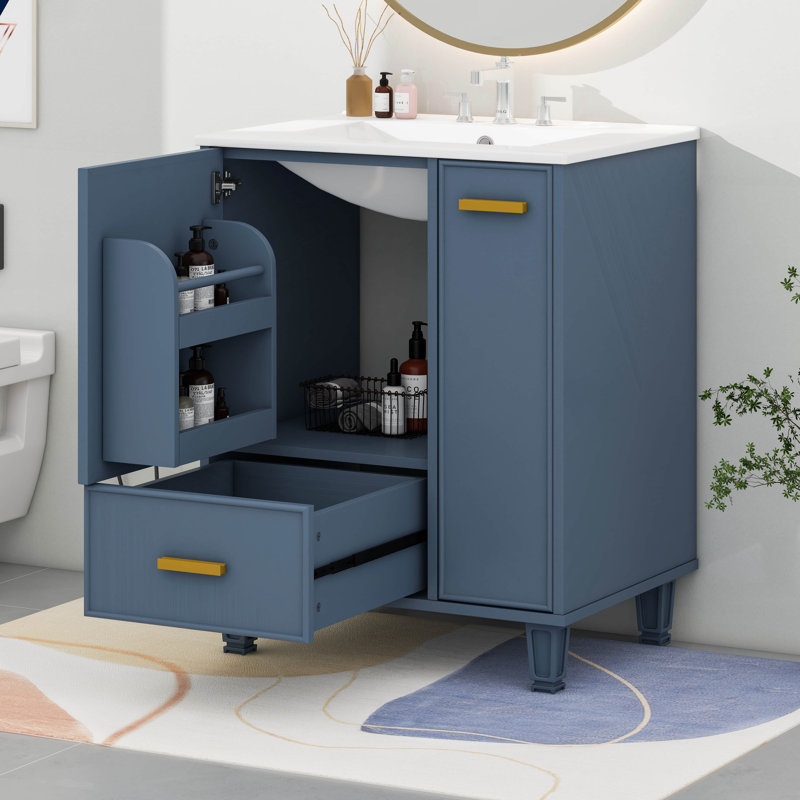 Meuble-lavabo 24 po avec lavabo, armoire de salle de bain avec tablette de porte, tiroir profond, panier coulissant à 2 niveaux