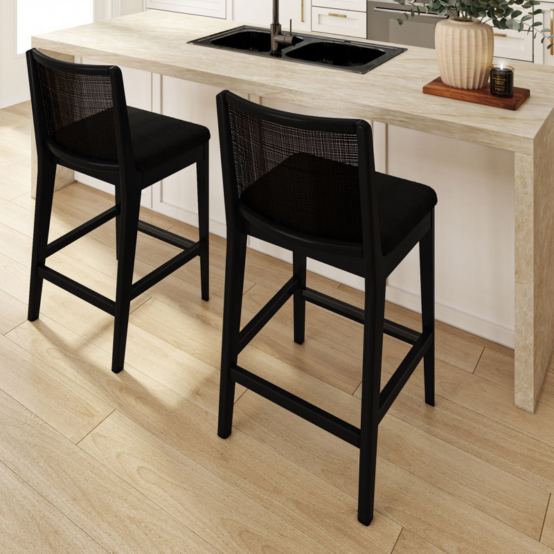 Tabouret de comptoir en rotin Elio - paquet de 2, structure noire, tissu bouclé noir, Noir / Bouclée noire, 2