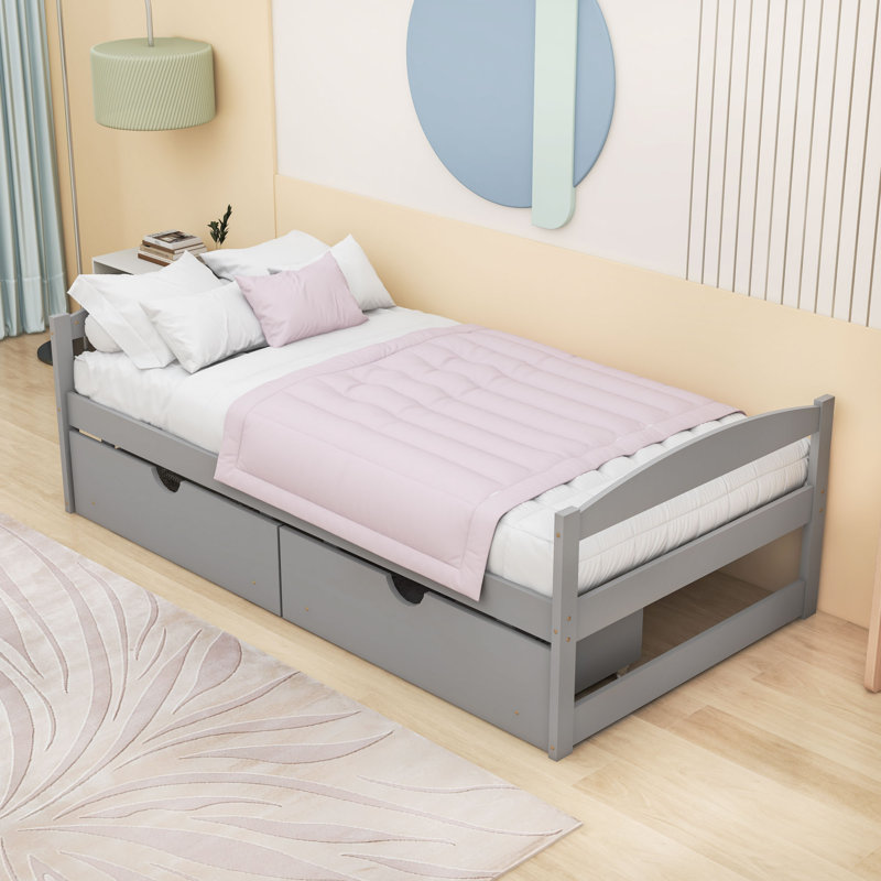 Lit plateforme en bois 2 tiroirs Kristle, Gris