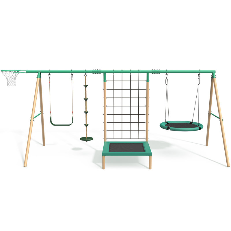6 In 1 Multifunction Kids Swing Set For Backyard, Heavy-Duty A-Frame Metal Stand With 3 Adjustable Swing Climbing, Net, Trampoline, Basketball Hoop