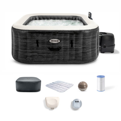 Intex PureSpa Greystone Deluxe 4 Person Inflatable Hot Tub Square Spa, 69 Inch x 28 Inch