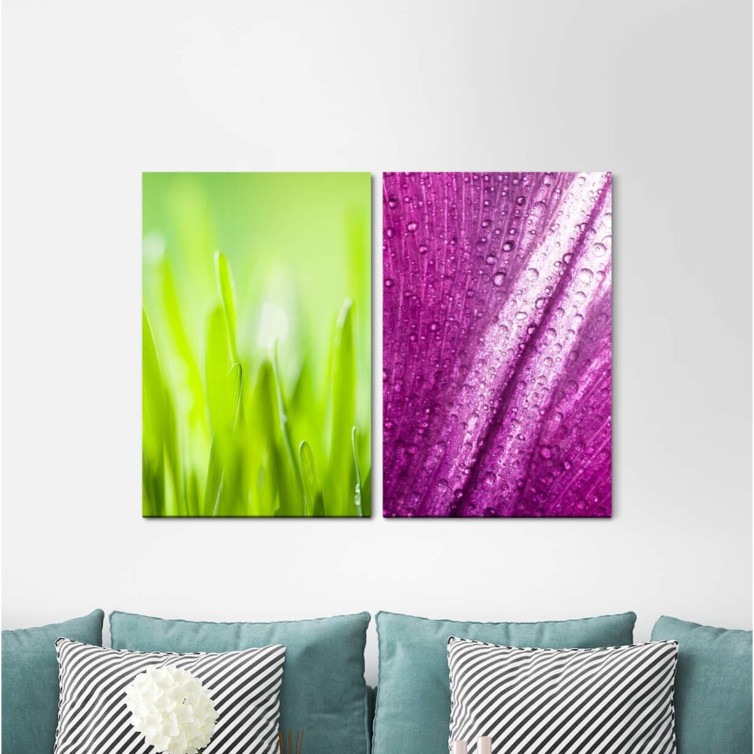 2-tlg. Leinwandbilder-Set Blades of Grass Water Drops Violet Green