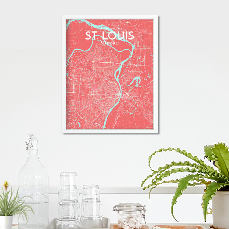 St. Louis City Map, impression, H 20 po x l 16 po, Rose / bleu pastel