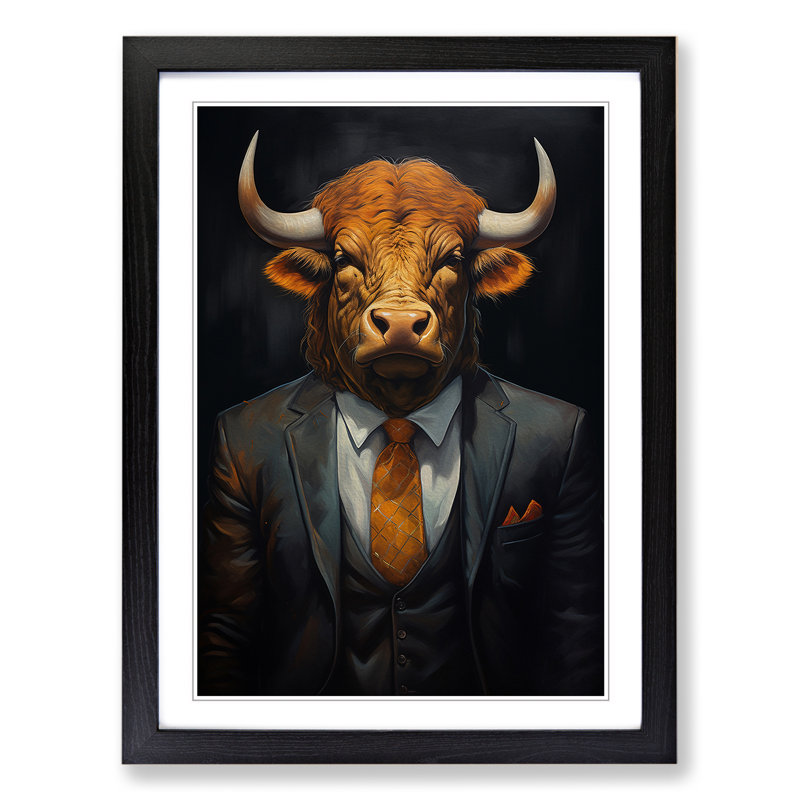 Buffalo In A Suit Painting No.3 - Single Picture Frame Print on Wood, Black Framed, 46cm H x 34cm W x 2cm D