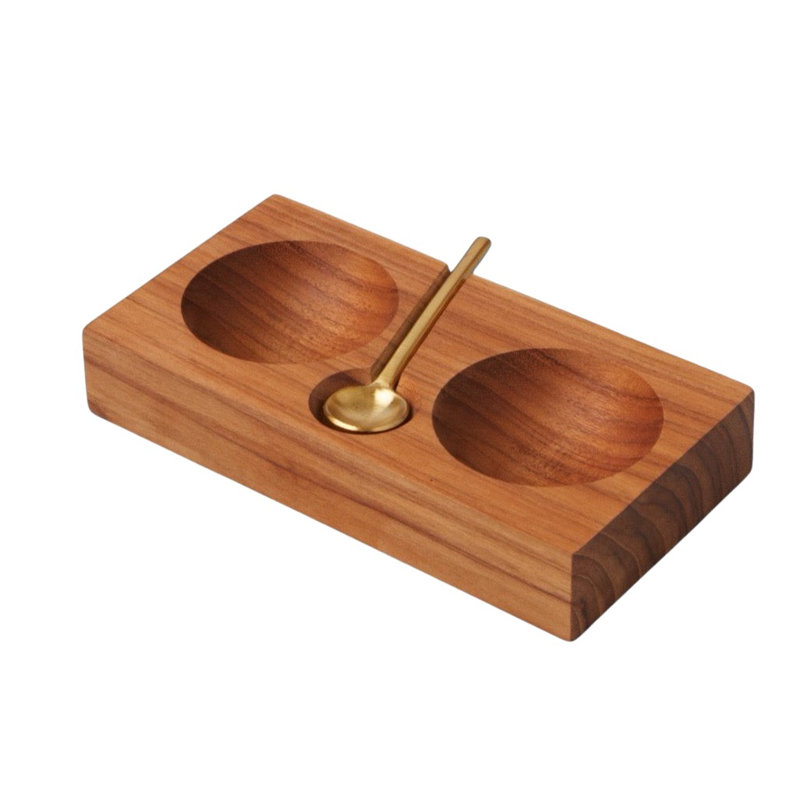 Salière et poivrière en teck avec cuillère dorée
