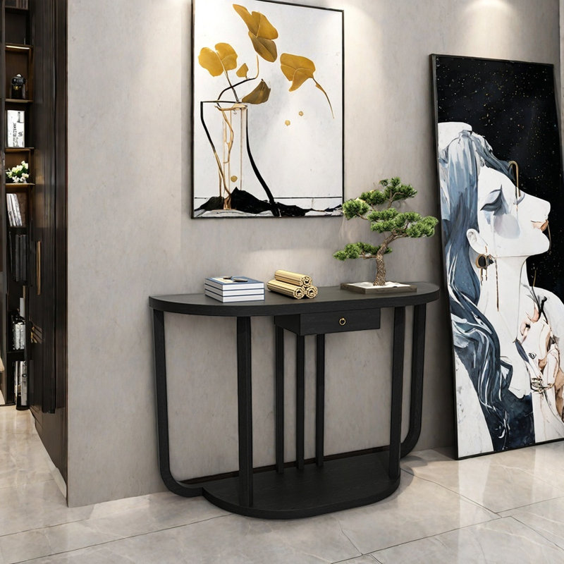 Table de couloir semi-circulaire en bois massif, Noir, H 31,5 po x l 31,5 po x P 14,2 po