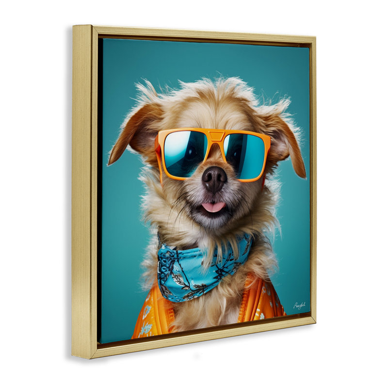 Portrait de chien hipster, H 18 po x l 18 po, Cadre flottant métallique doré