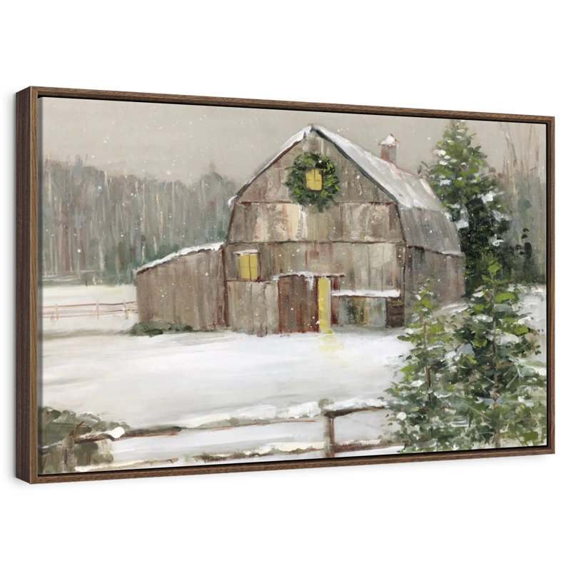 Grange enneigée, Cadre flottant en noyer, 40 po x 27 po