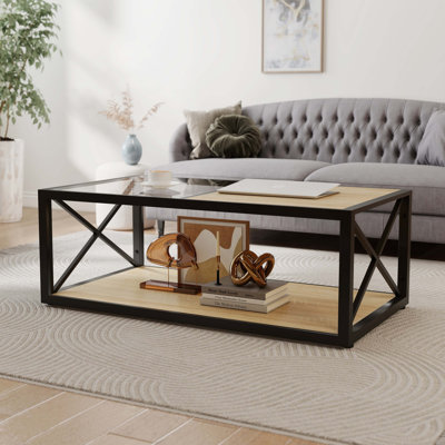 Modern Coffee Table for Bedroom Living Room, Tempered GlassMDF Top , Industrial Style Coffee Table