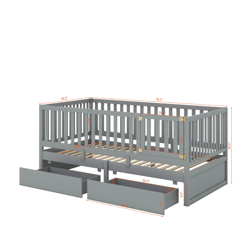 Wood Daybed With Fence Guardrails And Drawers, Gray, Twin