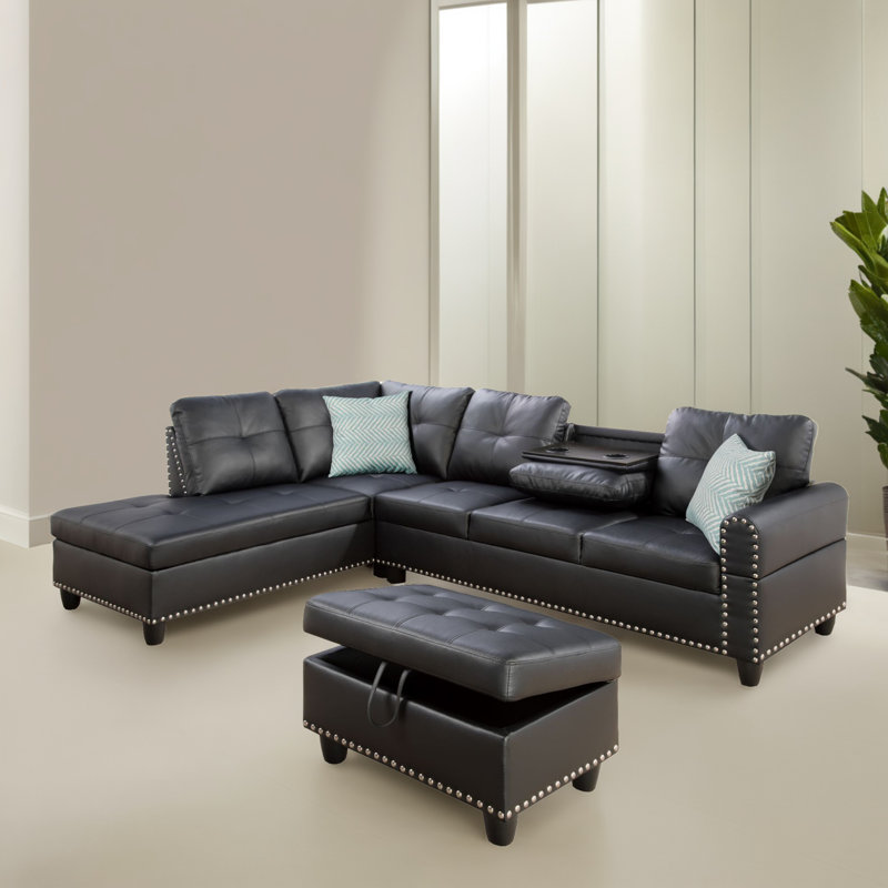 Canapé modulaire 3 pièces faisant face à la gauche 3 pièces, Similicuir noir