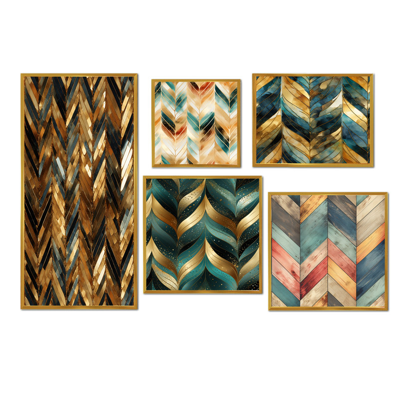 Ensemble de 5 reproductions d'art sur toile dorées à chevrons dorés et noirs, Cadre flottant doré
