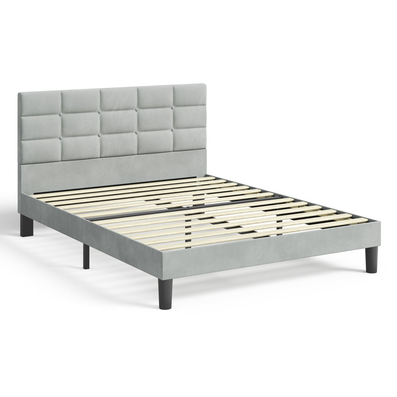 Velvet Upholstered Platform Bed with Headboard, Kingsize (5')