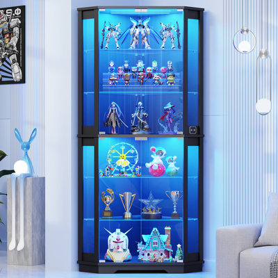 Vitrine d'angle de 180 cm avec portes vitrées pour objets de collection, vitrine à 6 niveaux avec éclairage 3 couleurs et détecteur de présence, étagères réglables pour salon, noire