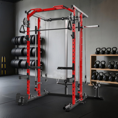Power Cage with Pulley System – Smith Machine Squat Rack for Home Gym, LAT Pulldown & Dip Bar