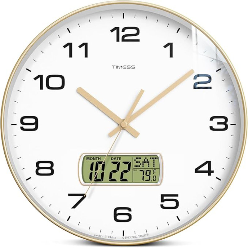Horloge murale, cadran 12 po, analogique, à pile, avec affichage à cristaux liquides pour calendrier perpétuel et température F °, idéal pour maison moderne, chambre à coucher, cuisine, bureau (or)