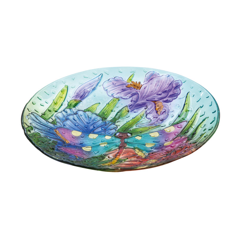 Bain d'oiseaux en verre Lahziri, l 18 po x P 18 po, Bleu / Vert