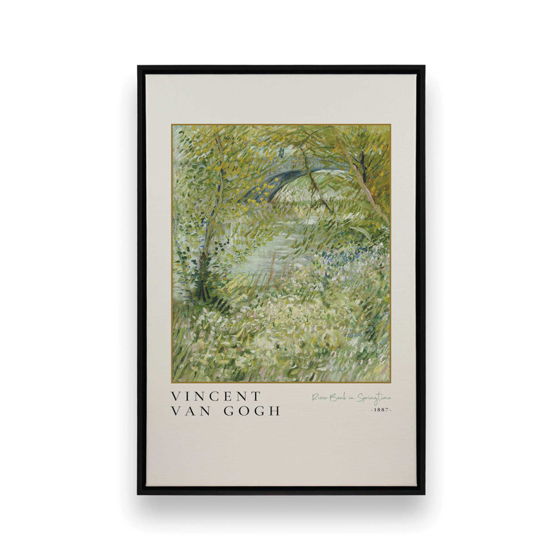 Van Gogh's River Bank au printemps v3, Cadre flottant noir satiné, H 18,75 po x l 12,75 po