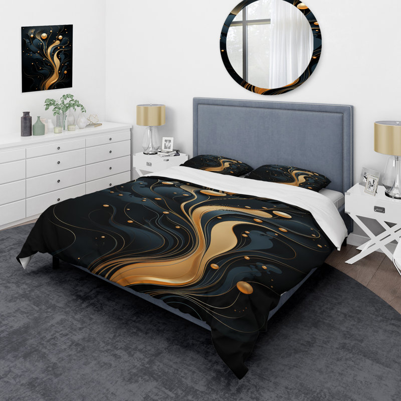Ensemble de housse de couette abstrait noir et or doré, Housse de couette simple + 1 taie décorative stan