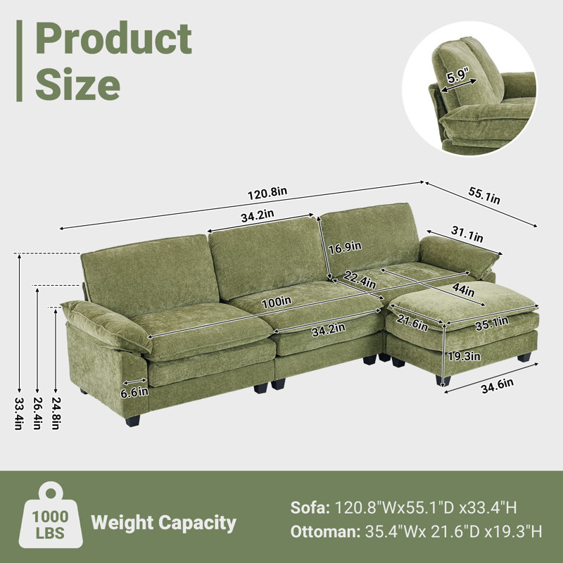 Shugar 120'' W 2-Layer Cushion Comfy Cloud Sofa, Green Chenille