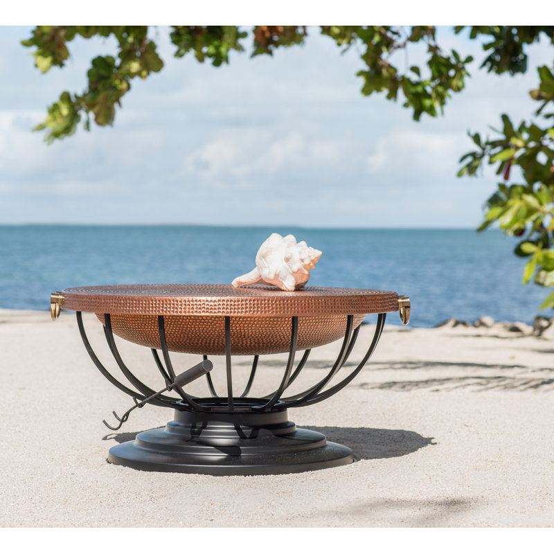 Hammered Copper Fire Pit With Copper Lid and Mesh Spark Guard (Converts to Table)