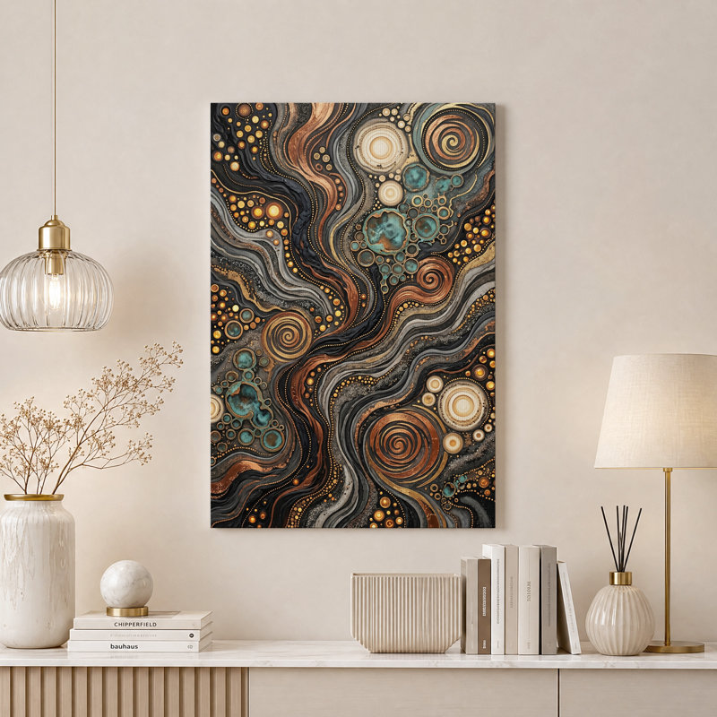 Toile murale abstraite or et turquoise, tourbillons et spirales, H 48 po x l 32 po
