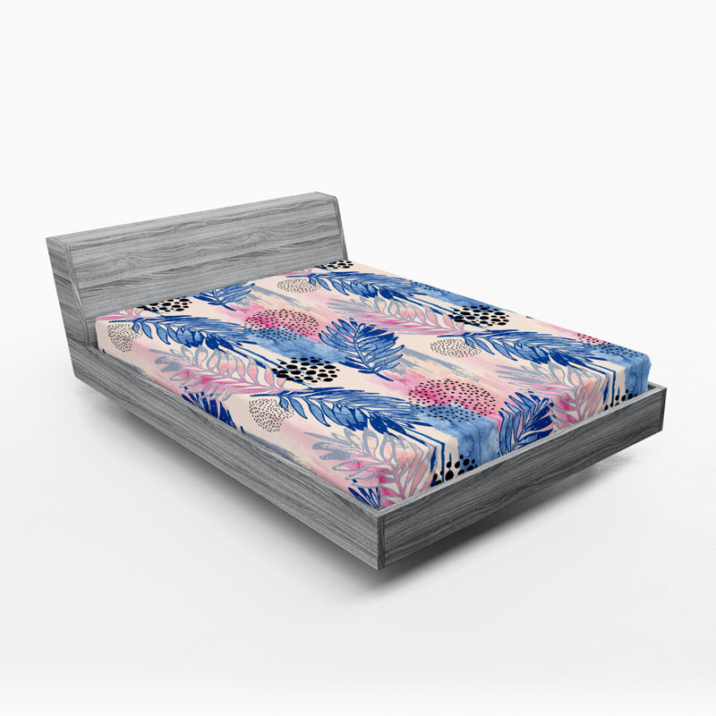 Ambesonne Leafy Design Fitted Sheet Exotics Leaf Shapes King Size Dark Lavender Soft Pink, California King Fitted Sheet