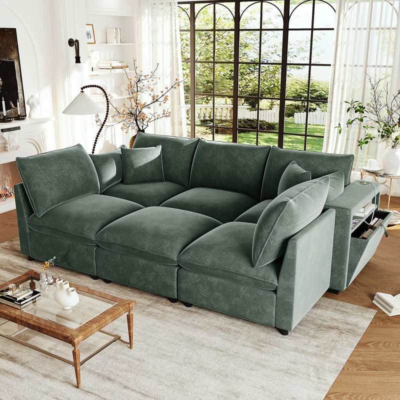 Canapé modulaire moderne avec plusieurs configurations, accoudoirs de rangement, ports USB et coussins en mousse haute densité confortables