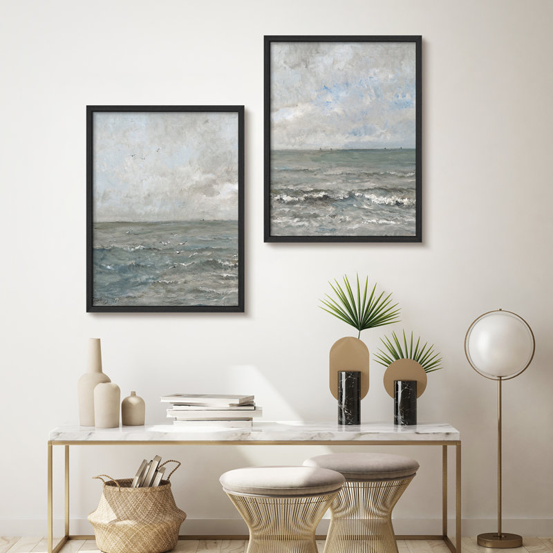 Ensemble 2 pièces d'art mural vagues et voiliers océaniques, Naturel, H 16 po x l 12 po