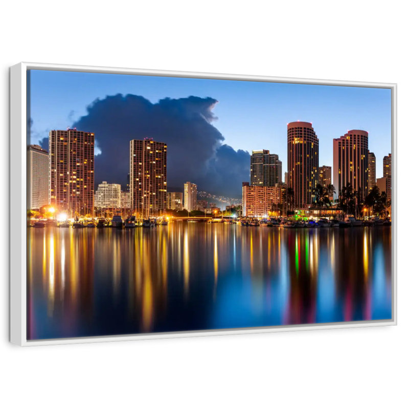 Honolulu Nightscape, 46 po x 31 po, Cadre flottant blanc