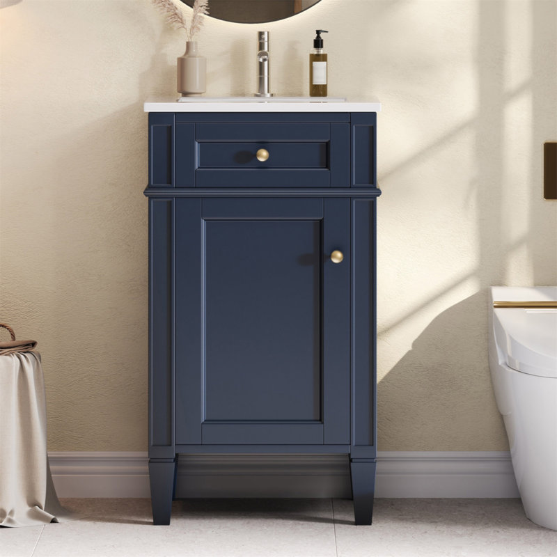 Ensemble de meuble-lavabo autoportant de 18 po avec lavabo en céramique, ensemble de meuble-lavabo simple autoportant avec porte à fermeture douce, tablette réglable, style français, pieds pleins